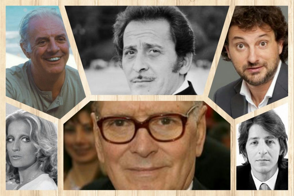 collage fotografico con Dario Fo, Domenico Modugno, Leonardo Pieraccioni, Mina, Ennio Morricone e Giorgio Gaber